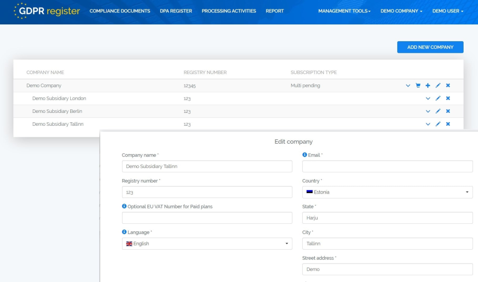 screenshot of GDPR Register